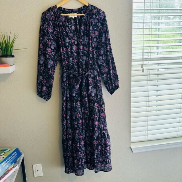 XiRENA Annieka Long Sleeve Belted Tie Midi Dress Silk Blend Floral Black Small - Picture 3 of 16